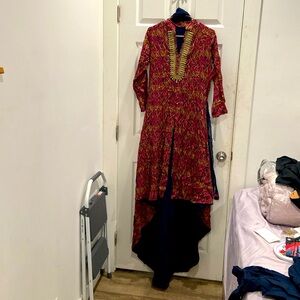 NWOT Designer Indian Dress with a train, scarf and plazzo pants